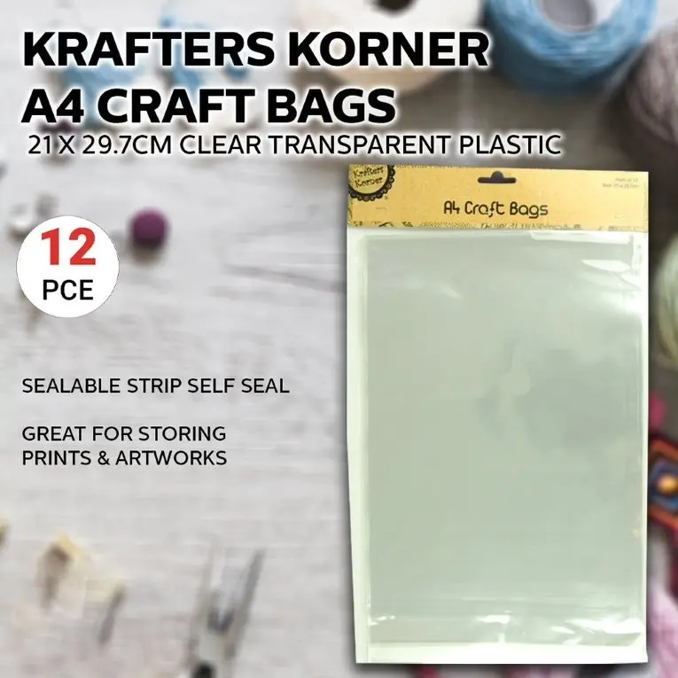 [12Pce] Krafters Korner A4 Craft Bags - Clear Transparent Design (21 x 29.7cm)