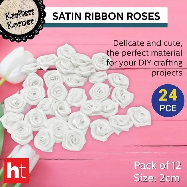 [2Pk X 12Pce] Krafters Korner Satin Ribbon Roses - White (2Cm)