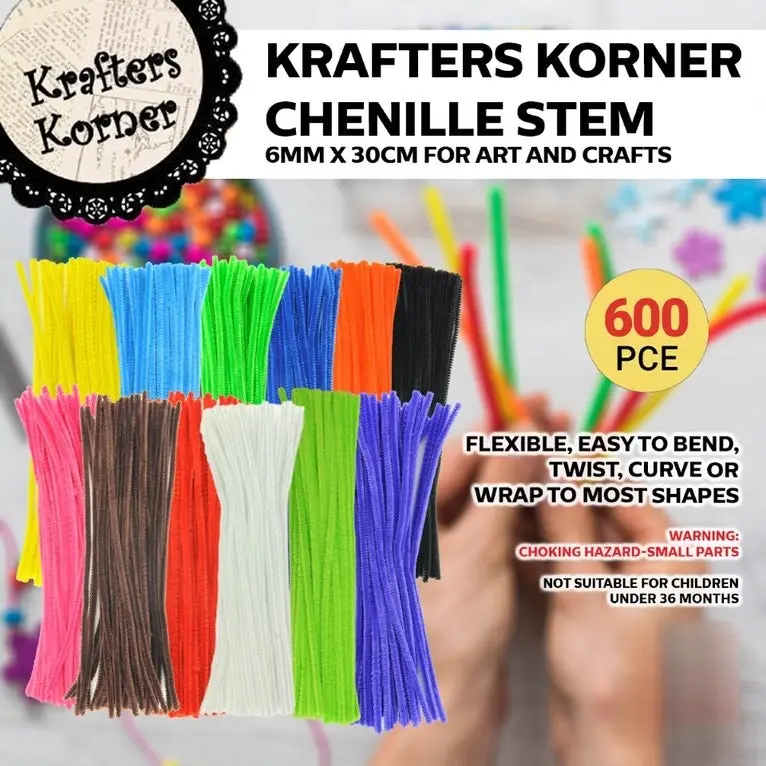 [12Pk X 50Pce] Krafters Korner Chenille Stem- Green - White - Black - Red - Blue - Pink - Orange - Purple - Yellow - Lime - Royal Blue - Brown (6mm x 30cm)