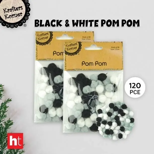 2 x 60Pk Krafters Korner Black - White and Grey Pom Pom 1.5CM for Crafts - DIY & Arts and Creative Crafts Projects and Decorations