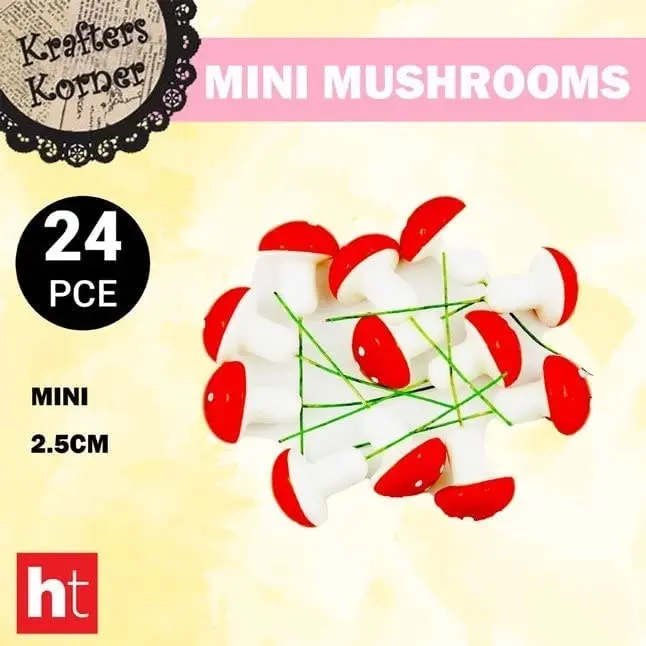 2 x 12PK Krafters Korner Craft Mini Mushrooms Red 24Pce 2.5CM for Home DIY kids creative arts Micro Landscape Decor