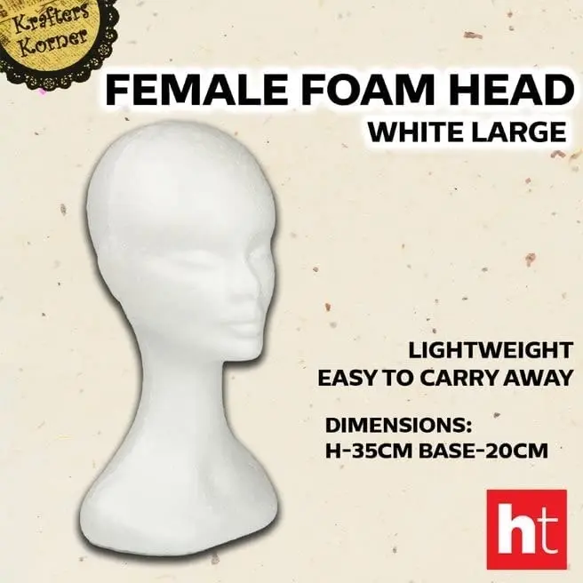 Krafters Korner Large Female Foam Head for Styling Wigs - etc.- White (H-35CM BASE-20CM)