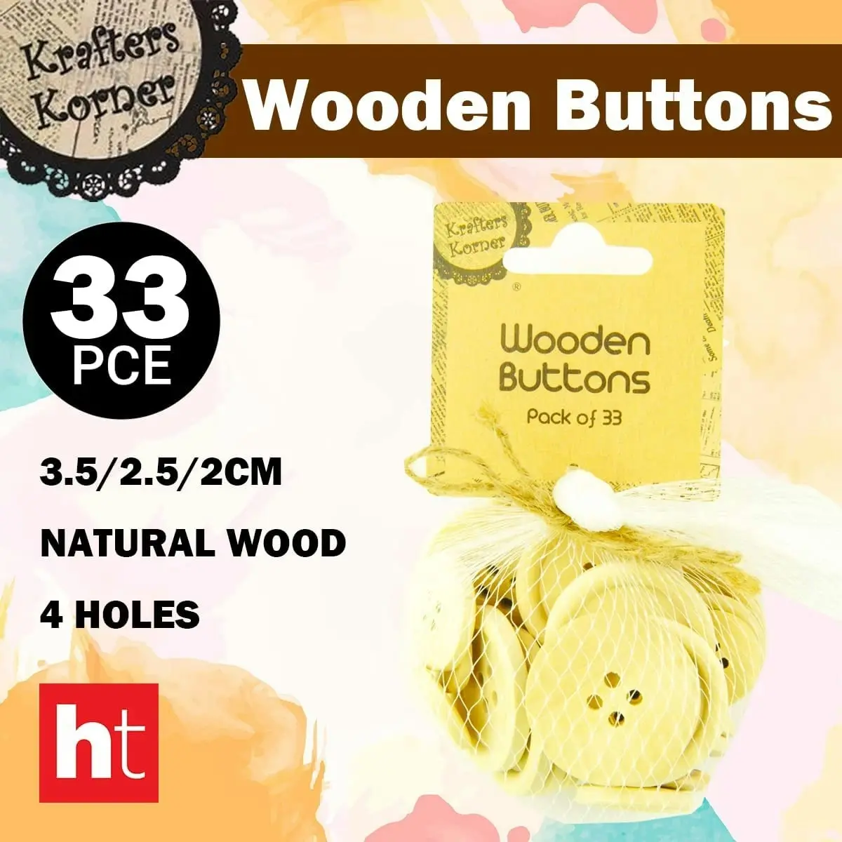 Krafters Korner 33Pce Wooden Hand Craft Buttons Natural wood Colour 3.5/2.5/2CM 4 Holes Buttons for Sewing DIY Crafts Project