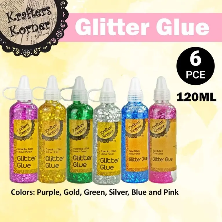 [6PCE] Krafters Korner Craft Glitter Glue Perfect For Arts & Crafts 120Ml - Green - Gold Purple - Silver - Blue - Pink