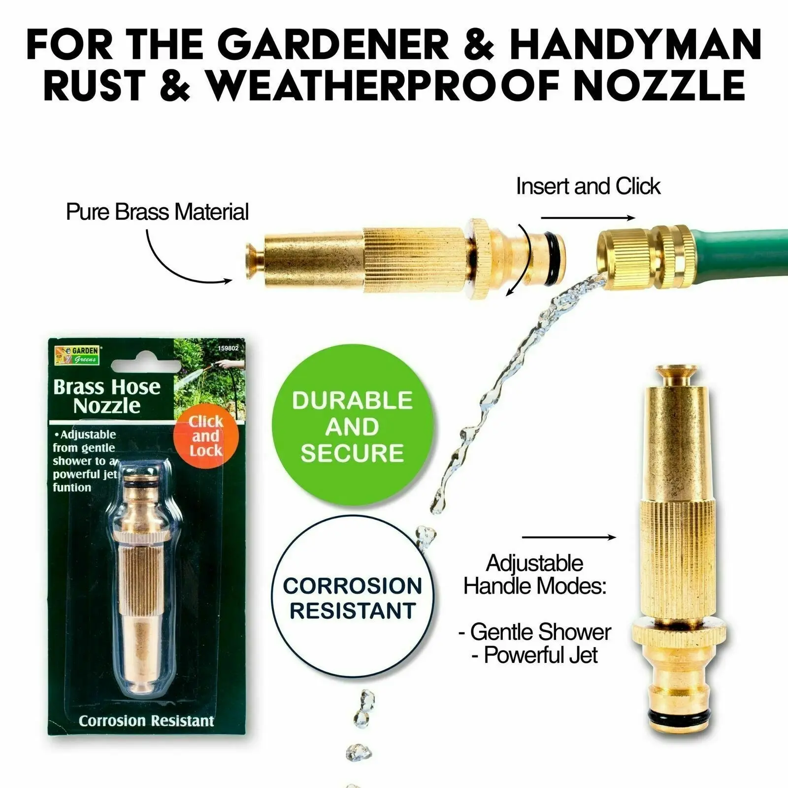 Garden Greens 2PCE Hose Nozzle Pure Brass with Adjustable Flow Rust Proof