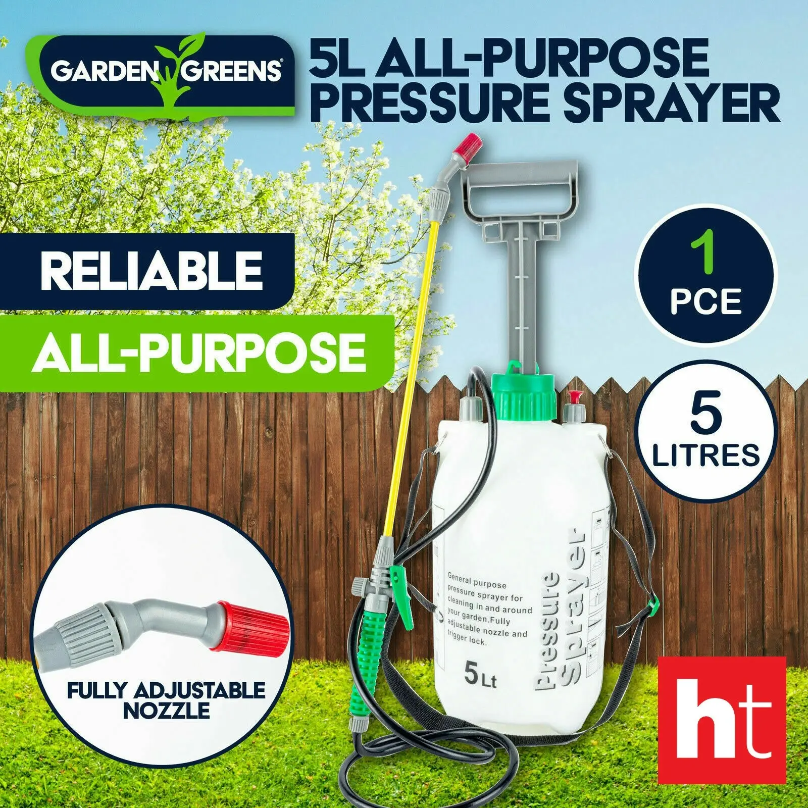 Garden Greens 5L Pressure Sprayer Easy Pump Adjustable Nozzle On/Off Trigger