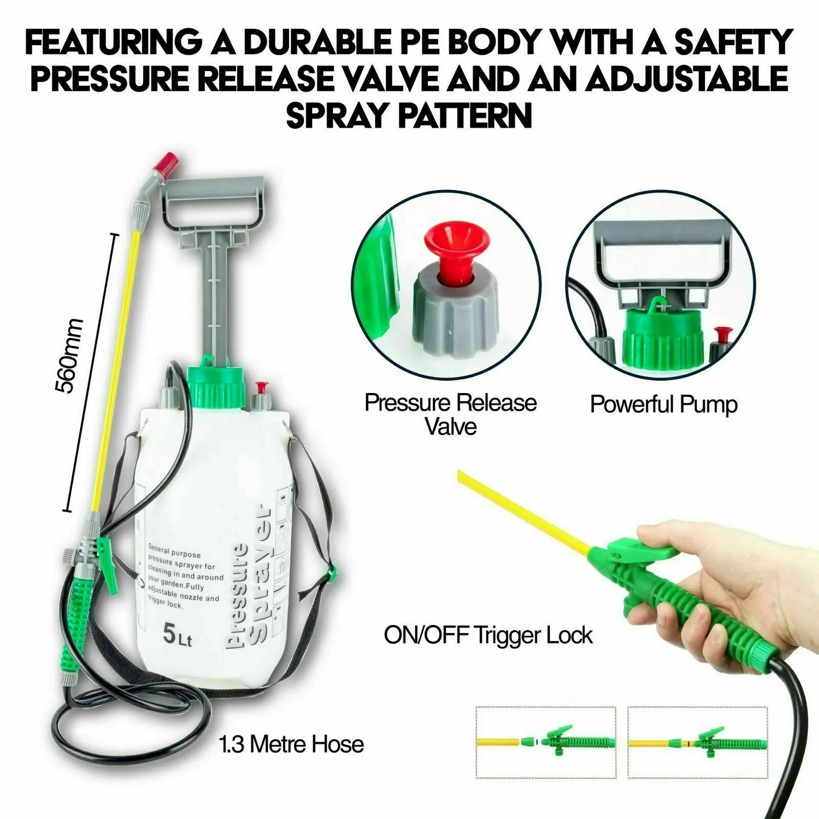 Garden Greens 5L Pressure Sprayer Easy Pump Adjustable Nozzle On/Off Trigger