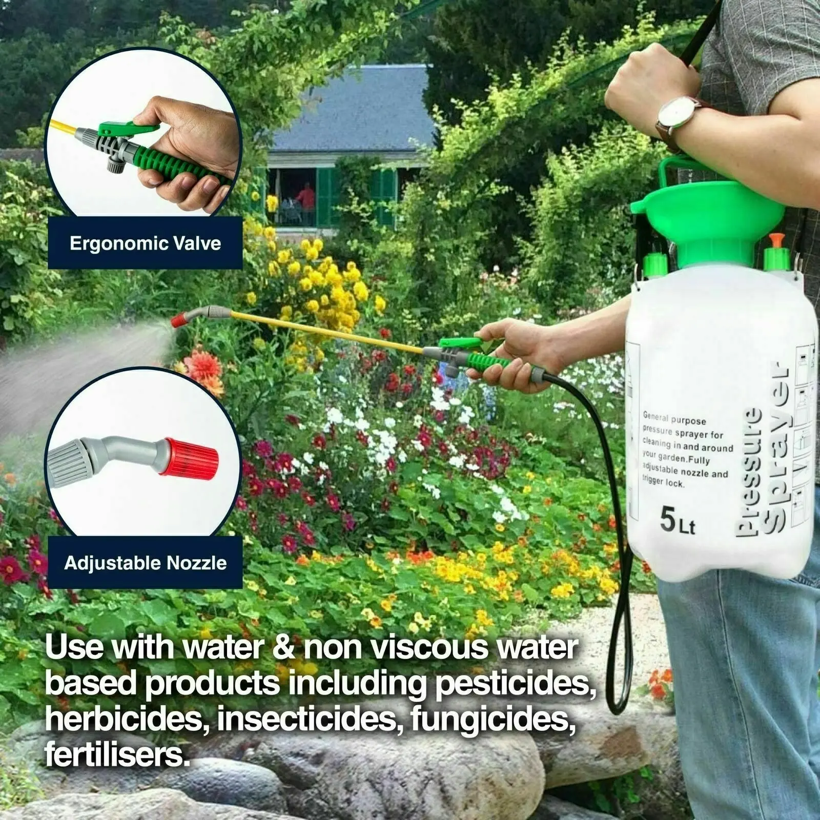 Garden Greens 5L Pressure Sprayer Easy Pump Adjustable Nozzle On/Off Trigger