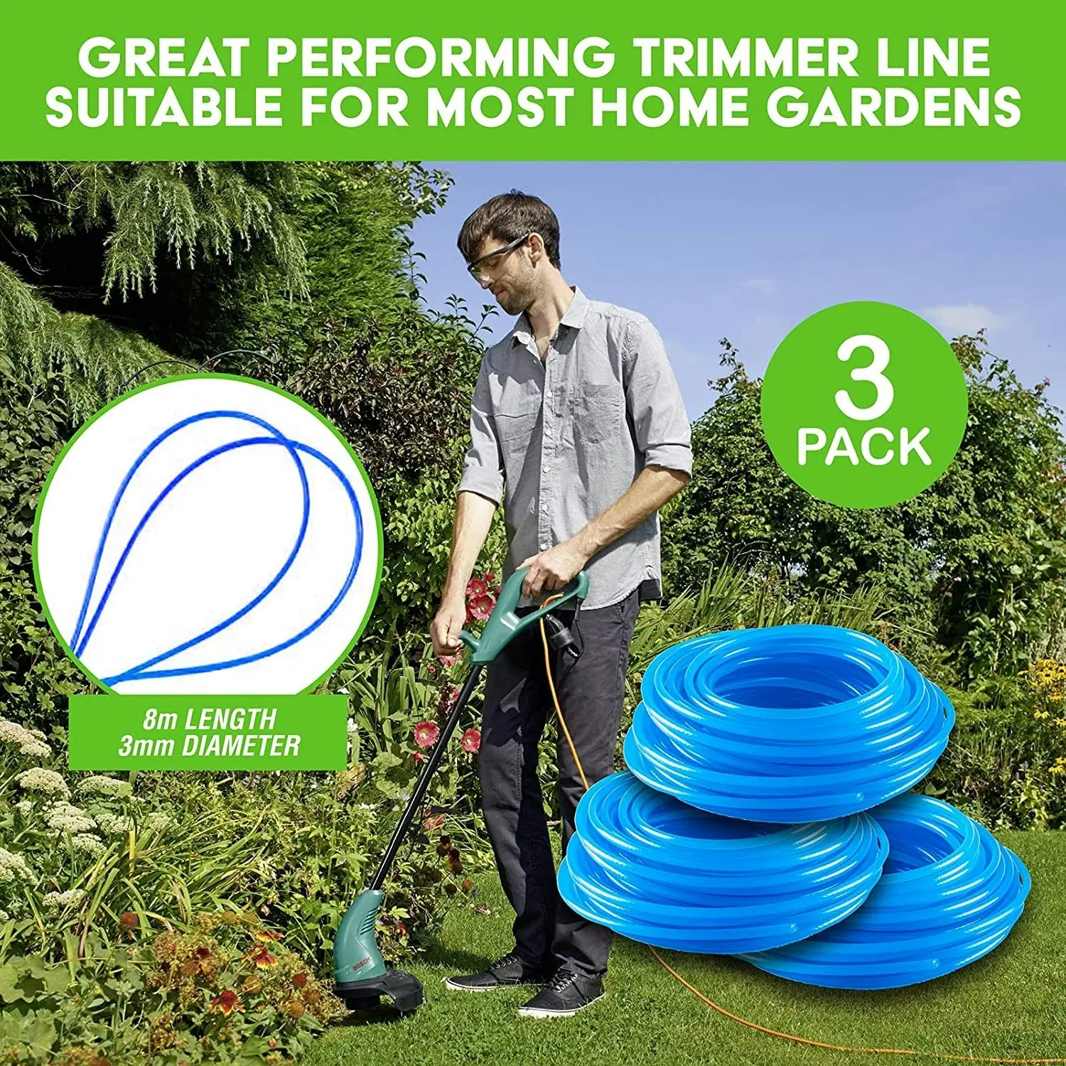 Garden Greens 3PCE Trimmer Line Nylon Durable Sturdy Edging 8m Long x 3mm