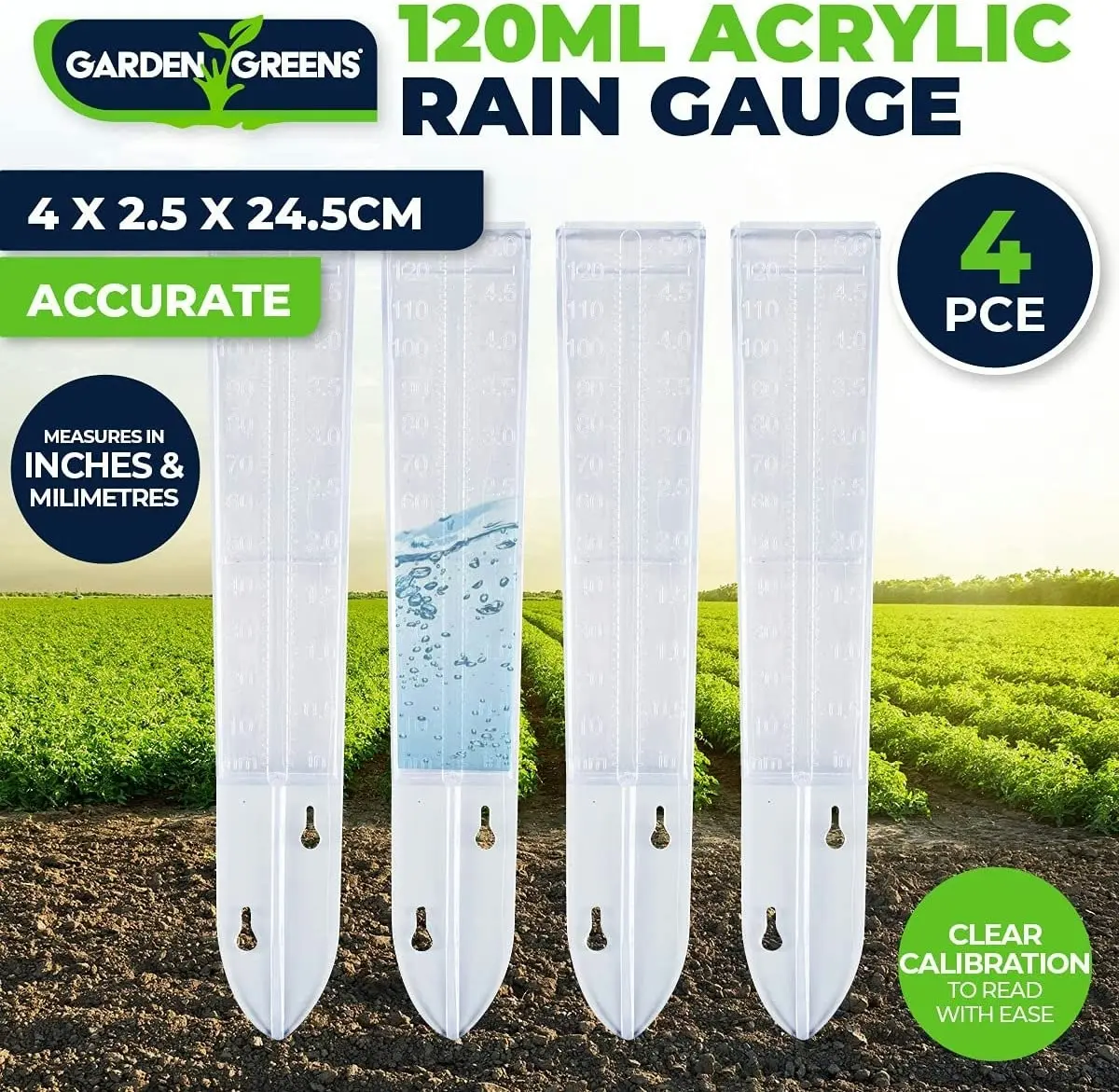 Garden Greens 4PK Rain Gauge Accurate Sturdy Measure Rain Fall 120ml