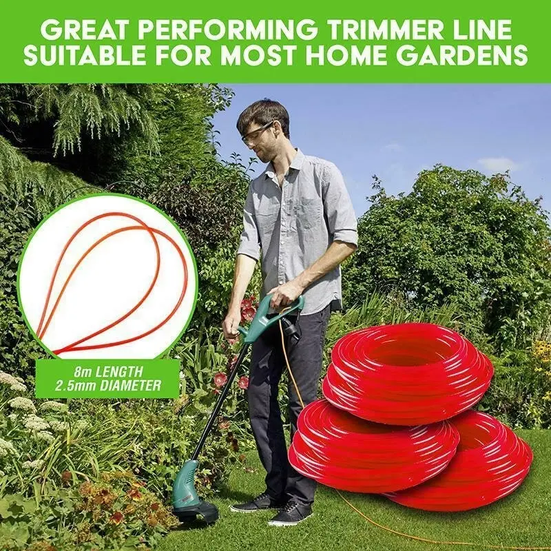 Garden Greens 3 Pack of 8m x 2.5mm Strimmer Wire Cord Trimmer Line Spool for Grass Trimmer Red