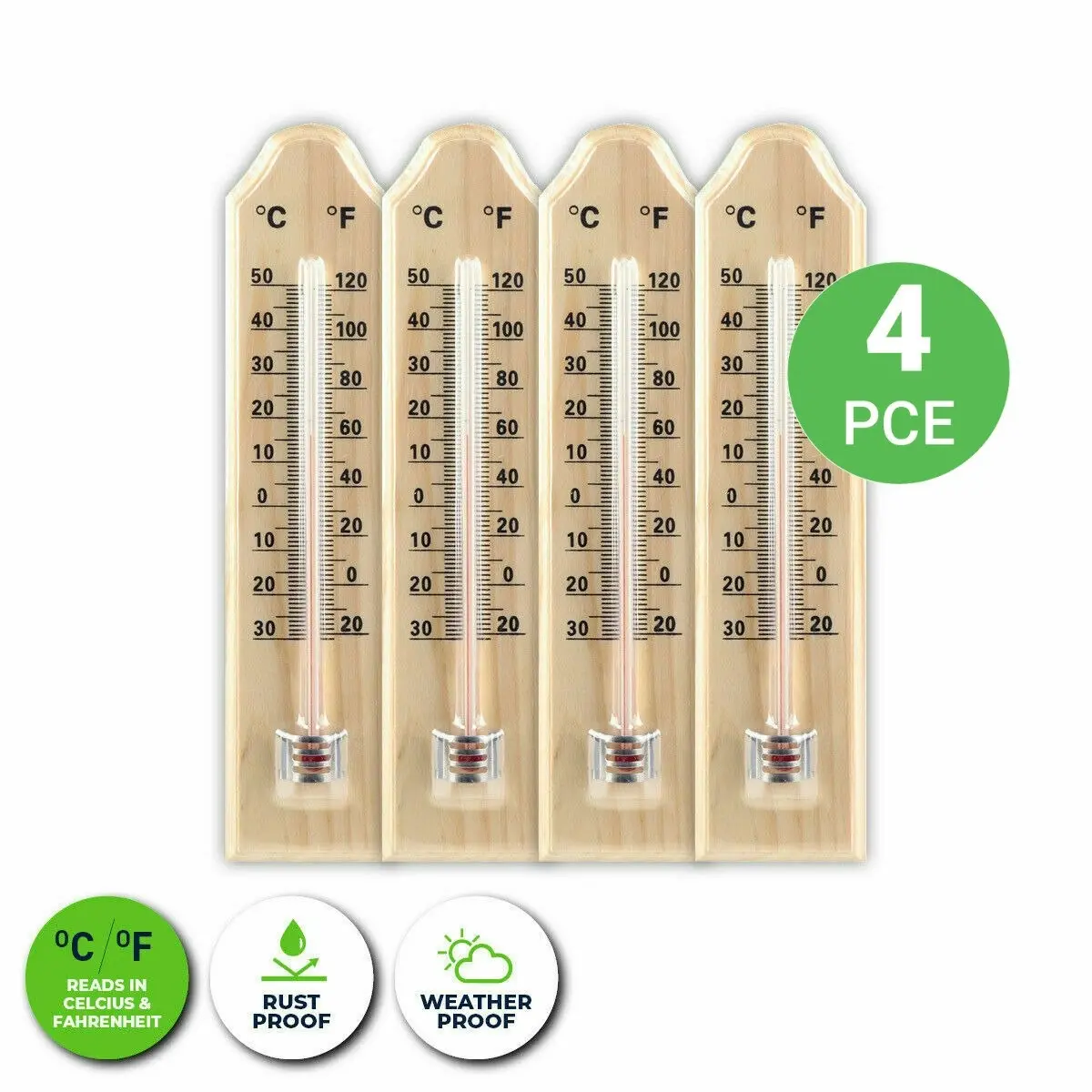 Garden Greens 4PK Thermometer Wooden Accurate Weatherproof 21.5 x 4.5cm