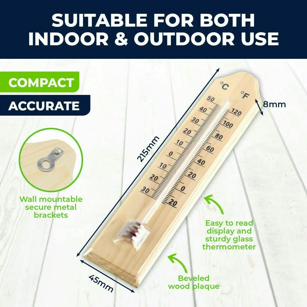 Garden Greens 4PK Thermometer Wooden Accurate Weatherproof 21.5 x 4.5cm