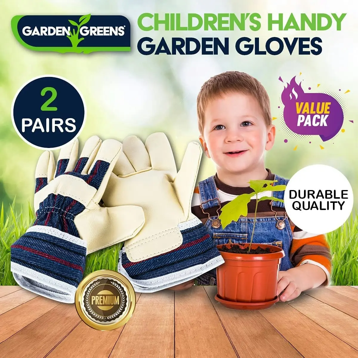 Garden Greens 2 Pairs Children's Garden Gloves Premium Quality Leather Outdoor