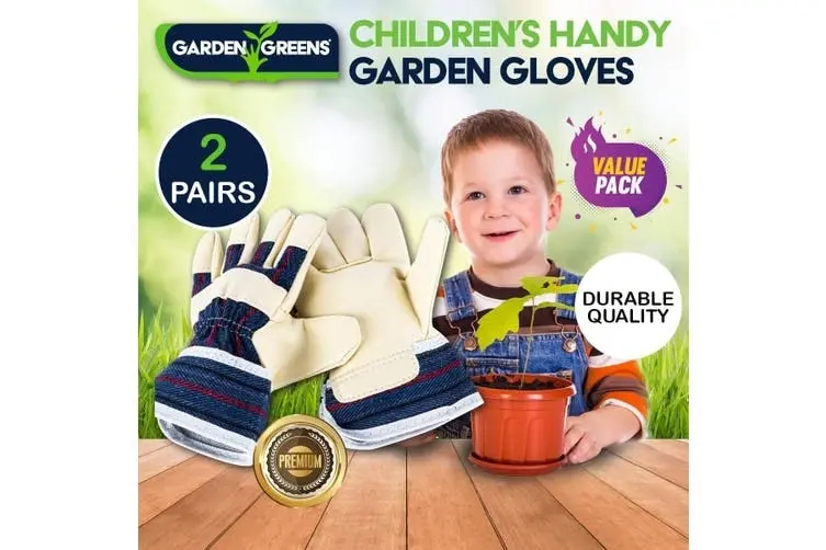 Garden Greens 2 Pairs Children's Garden Gloves Premium Quality Leather Outdoor