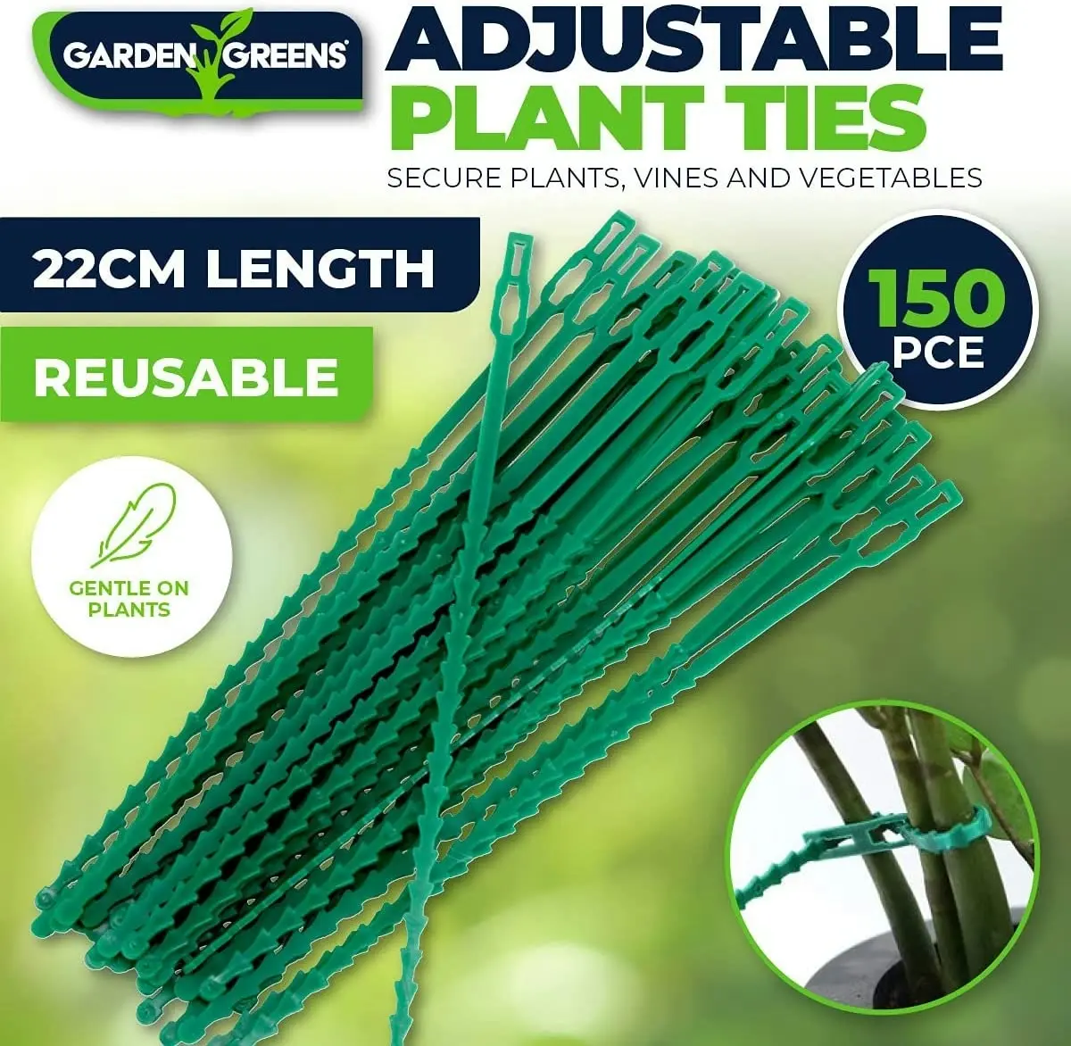 Garden Greens 150PCE Plant Ties Reusable Adjustable Stable Gentle Support 22cm