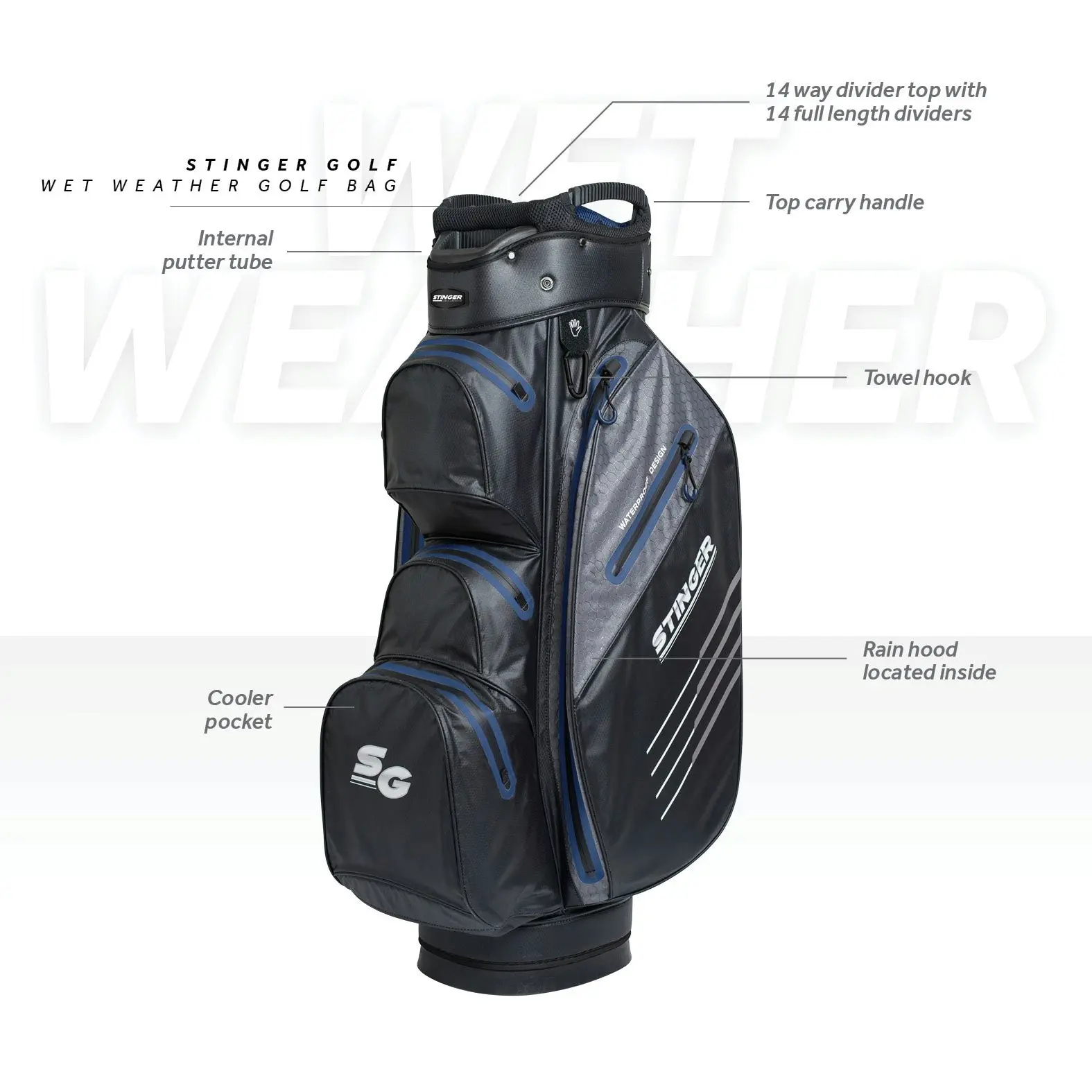 Stinger Waterproof Golf Bag - Black/Navy