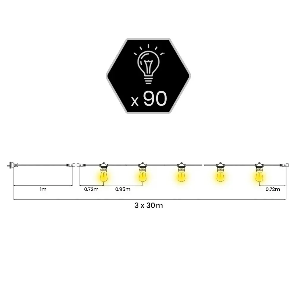 Groverdi 90M LED Festoon String Lights Christmas Wedding Party Garden Outdoor Easter Hanging bulbs