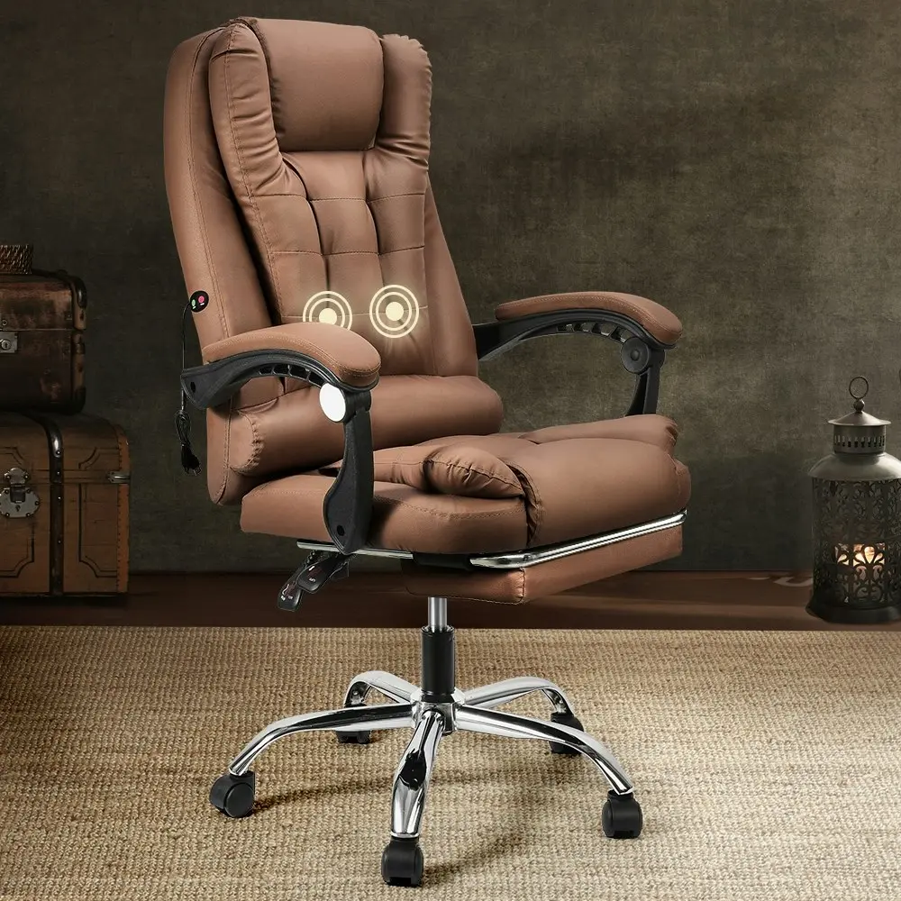 Furb Massage Office Chair Executive PU leather Seat Ergonomic Support Footrest Dark Brown