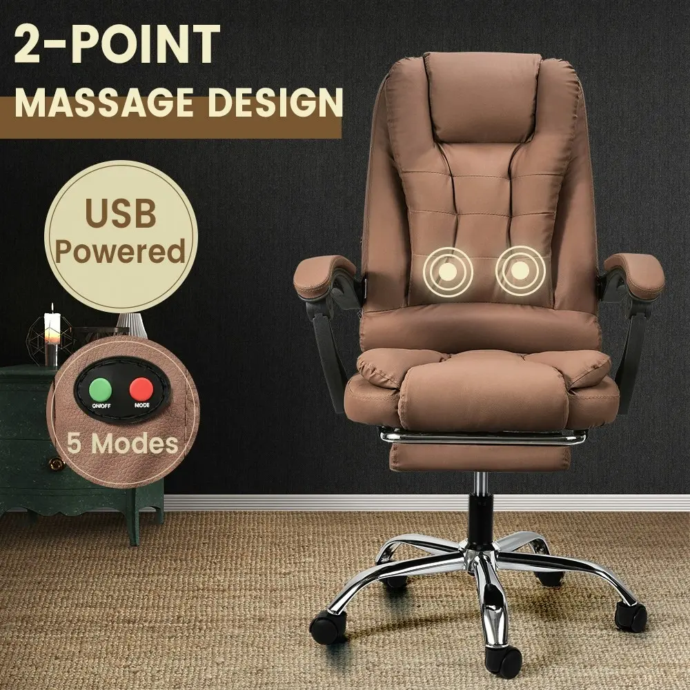 Furb Massage Office Chair Executive PU leather Seat Ergonomic Support Footrest Dark Brown