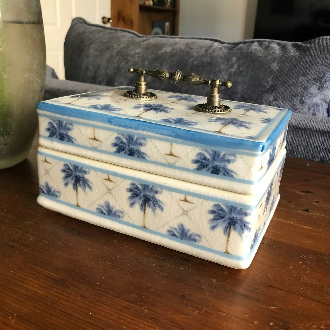 Key Largo Homewares Blue Palm Trinket Box