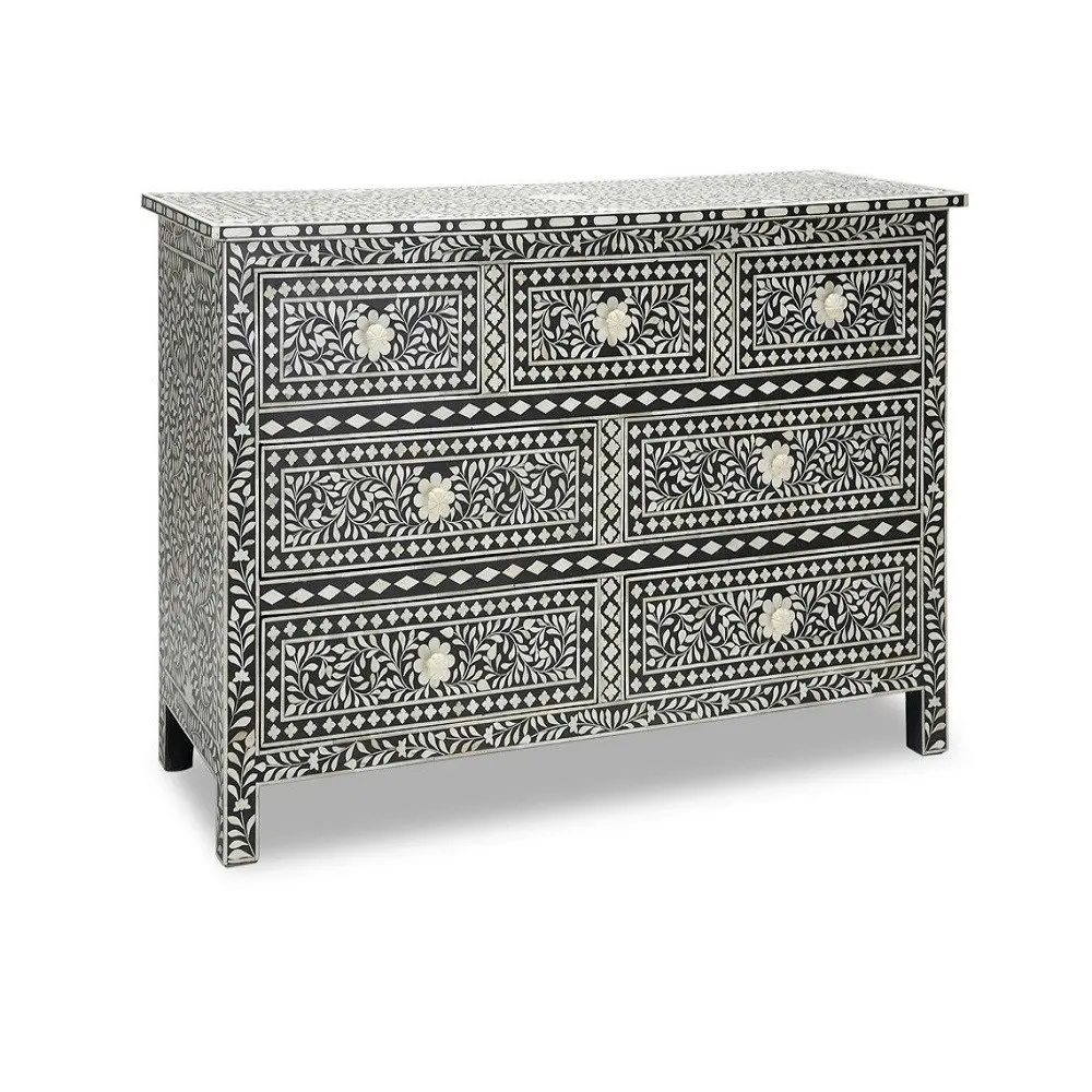 Zohi Interiors Bone Inlay Chest with 7 Drawers in Black