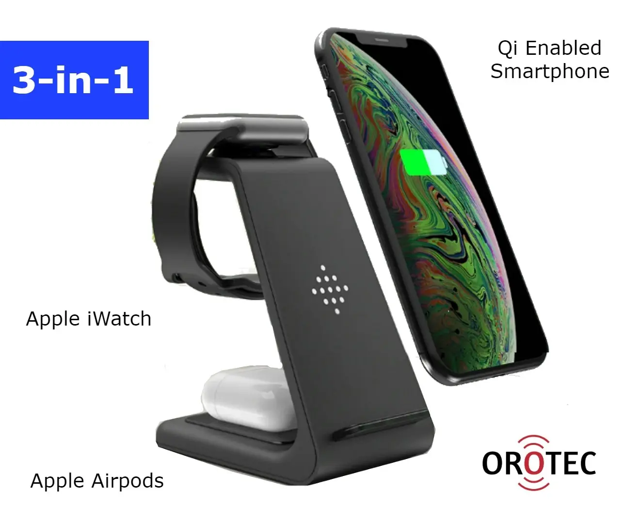 Orotec NuGen Apple 3-in-1 Triple Wireless Charger (Apple Watch/AirPods/Smartphone) Black with Qualcomm Charger