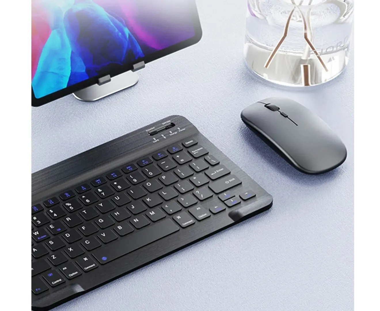 Gift Pack - Bluetooth Slim Wireless Keyboard & Mouse Combo + Folding Phone/Tablet Desktop Holder, Black