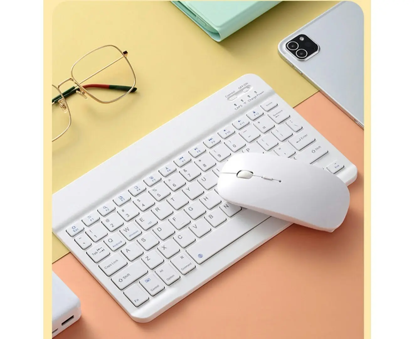 Portable Bluetooth Slim Wireless Keyboard + Mouse 2-in-1 Combo for Tablets, Smartphones, PCs, Smart TVs, White