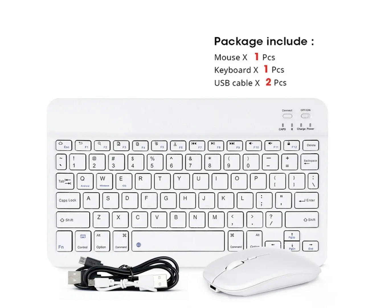 Portable Bluetooth Slim Wireless Keyboard + Mouse 2-in-1 Combo for Tablets, Smartphones, PCs, Smart TVs, White