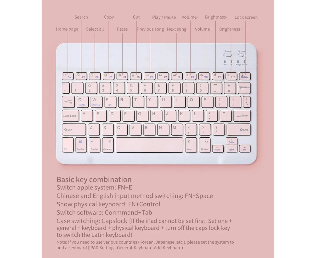 Portable Bluetooth Slim Wireless Keyboard + Mouse 2-in-1 Combo for Tablets, Smartphones, PCs, Smart TVs, Pink