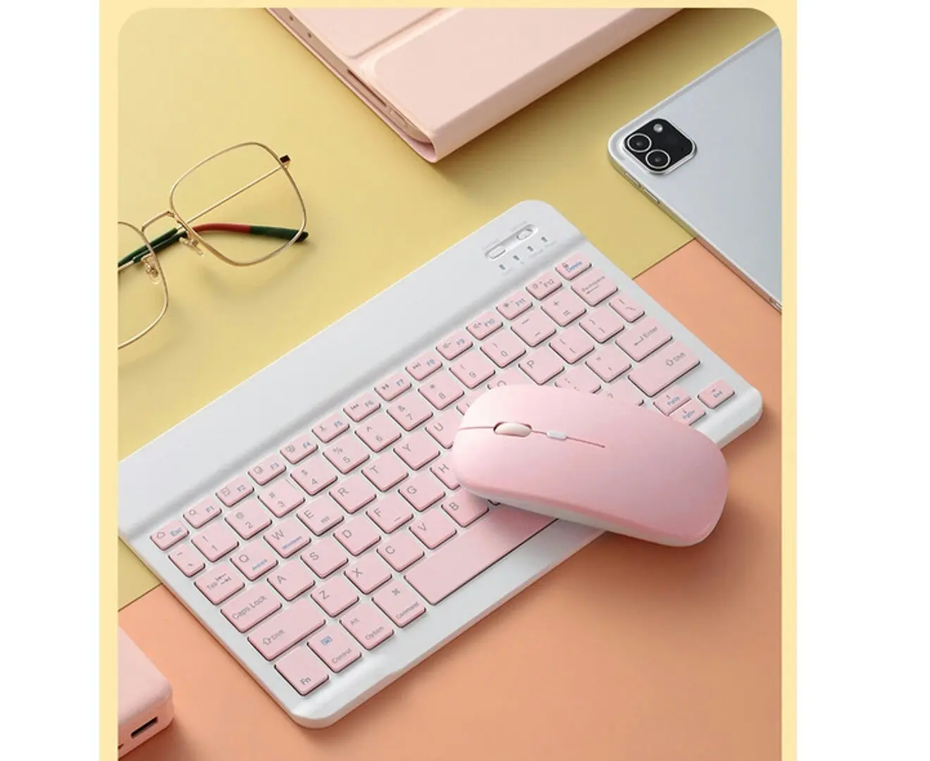 Portable Bluetooth Slim Wireless Keyboard + Mouse 2-in-1 Combo for Tablets, Smartphones, PCs, Smart TVs, Pink