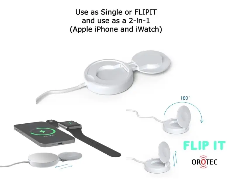 Orotec FLIPIT 15W 2-in-1 MagSafe Wireless Charger for iPhone & Apple Watch, White