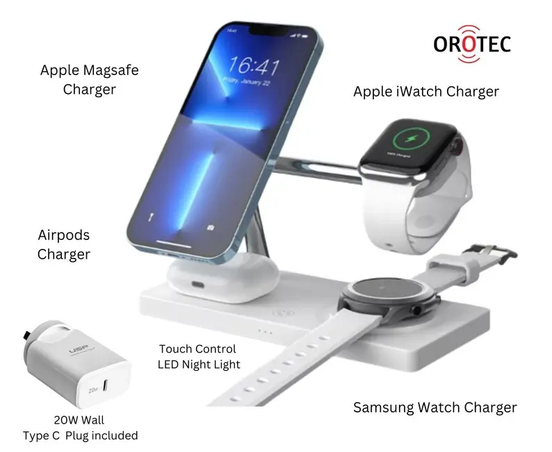 Orotec Wireless Charger 7 in 1, Magnetic Fast Wireless Charging Station for Apple and Samsung Devices with LED Light