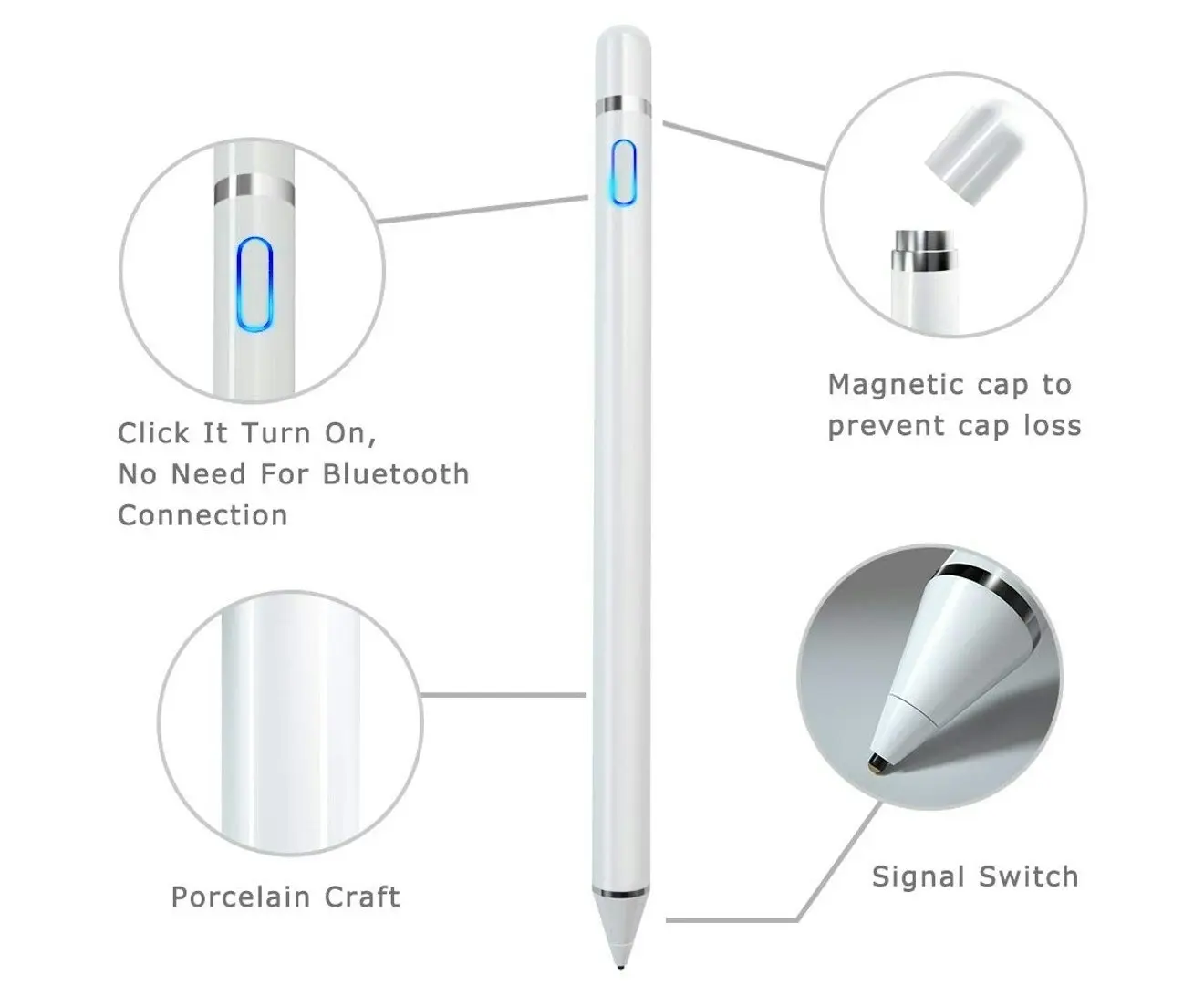 Orotec Digital Stylus Pen with Replaceable Cap for iPads, Chromebooks & Android Touch Screens Devices, White