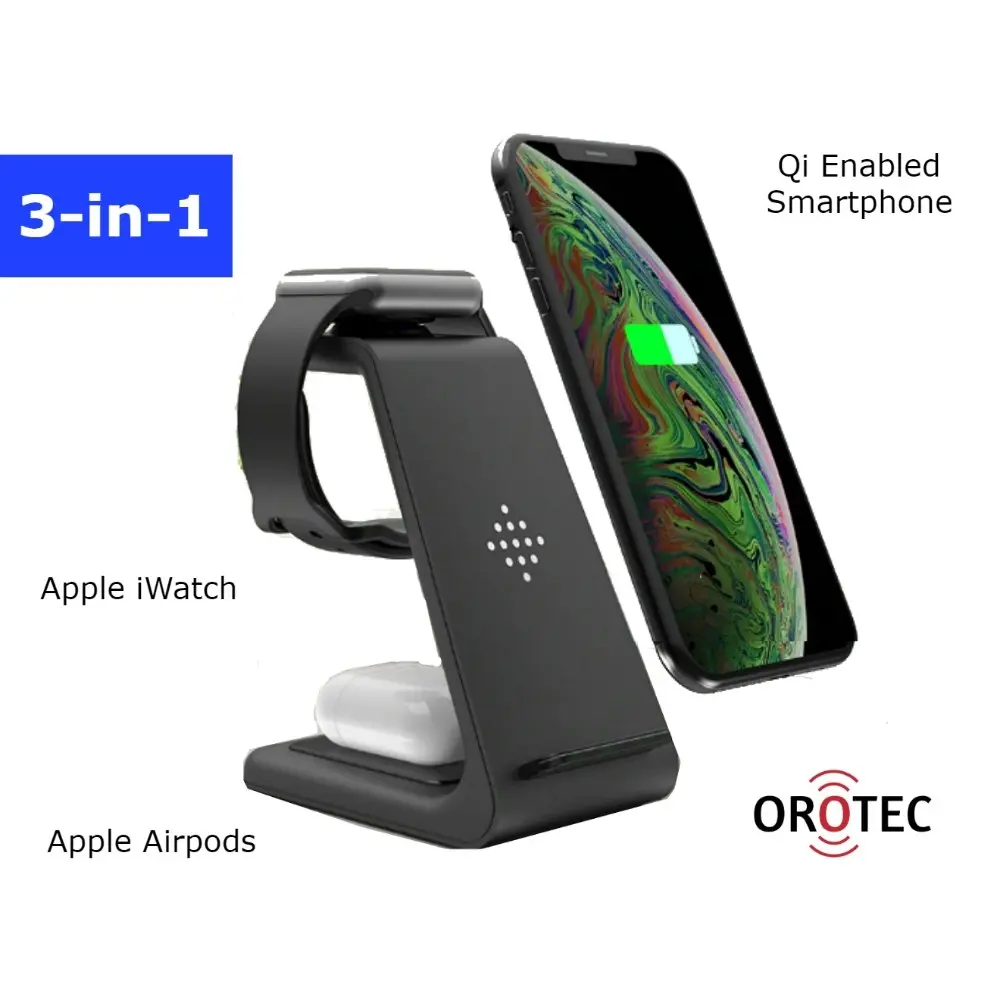 Orotec NexGen 10W Apple 3-in-1 Triple Wireless Charger (Apple Watch/AirPods/Smartphone) with Qualcomm Charger