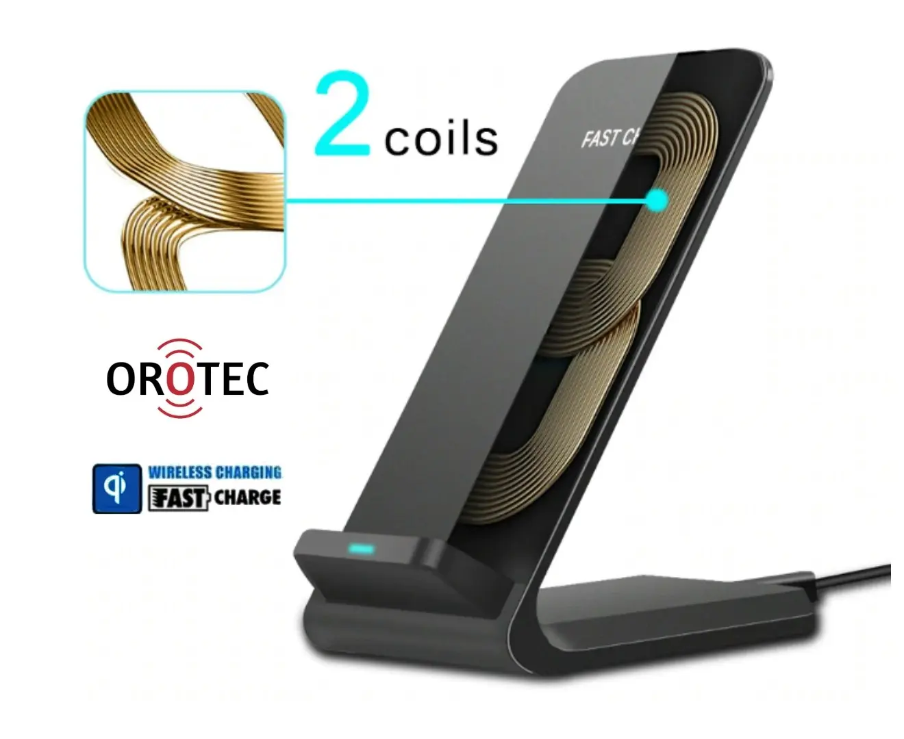 Orotec NexGen 10W Fast Charge Wireless Charger Stand Dual Coil Black