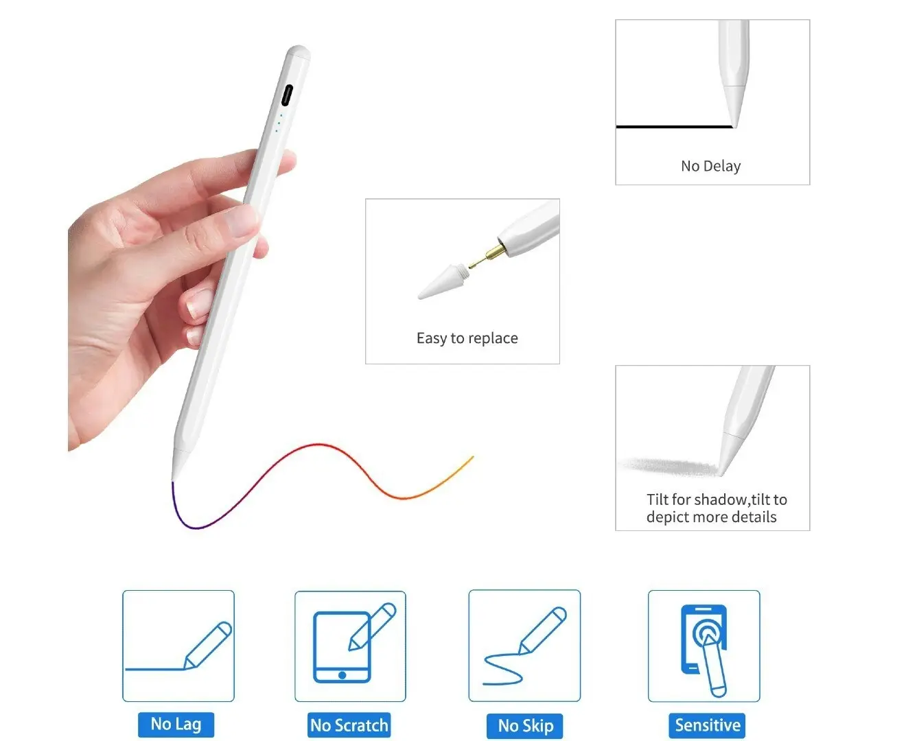 Orotec Magnetic Stylus Pen with Tilt Sensitivity & Battery Status Indicator for Apple iPad 2018 Model and Later, White