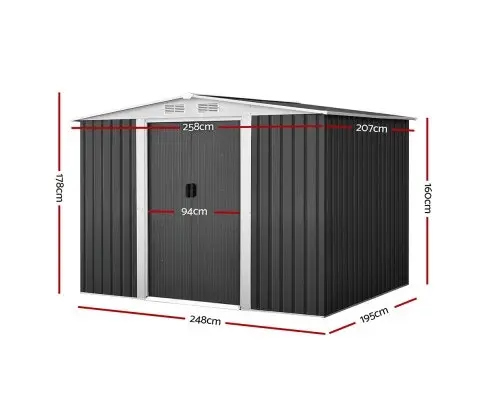 Steel Garden Shed with Base Frame - 258 x 207 x 178 cm