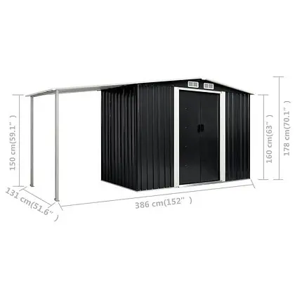 Steel Garden Shed with Sliding Doors - 386 x 131 x 178 cm