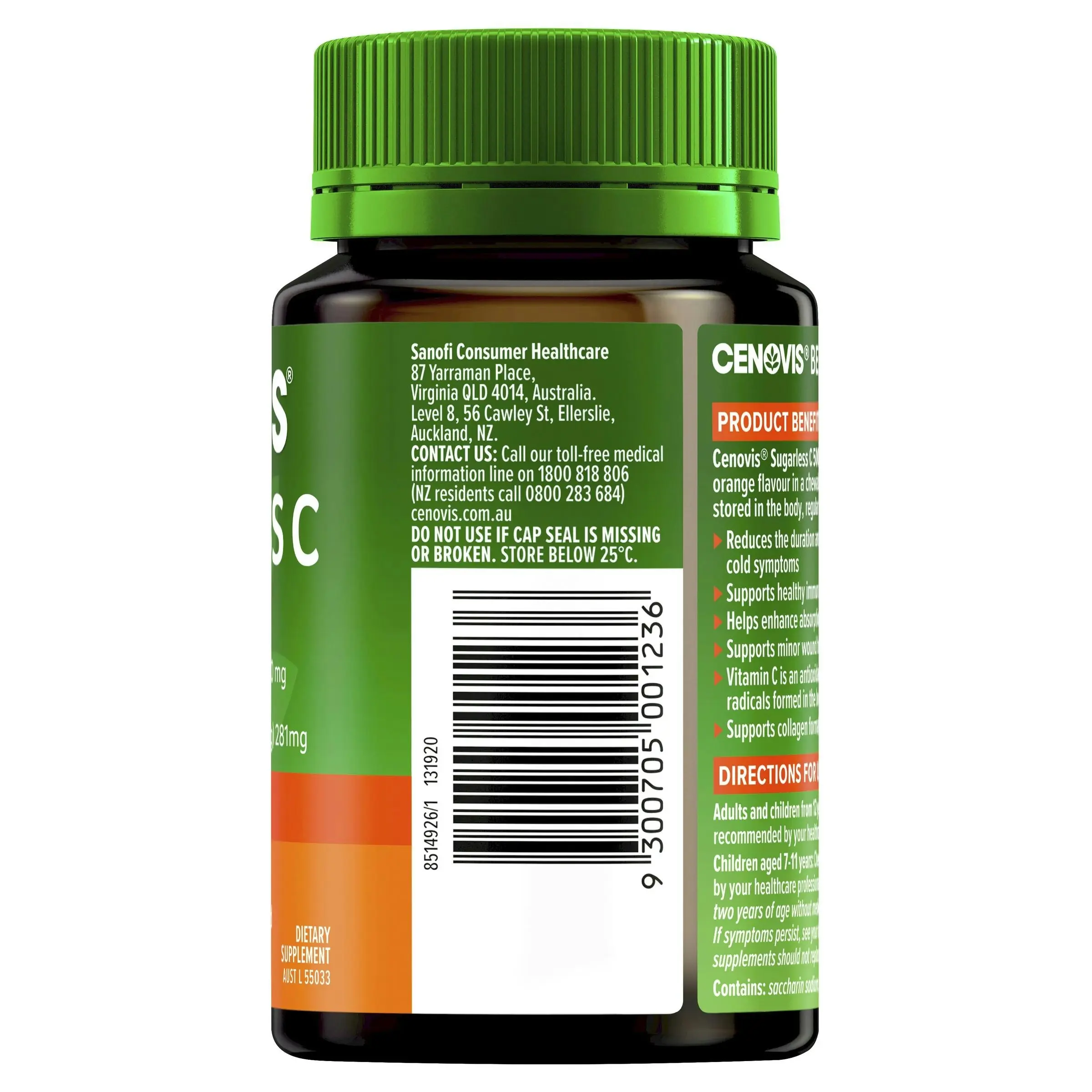 Cenovis Sugarless C 500mg Orange Flavour 100 Chewable Tablets