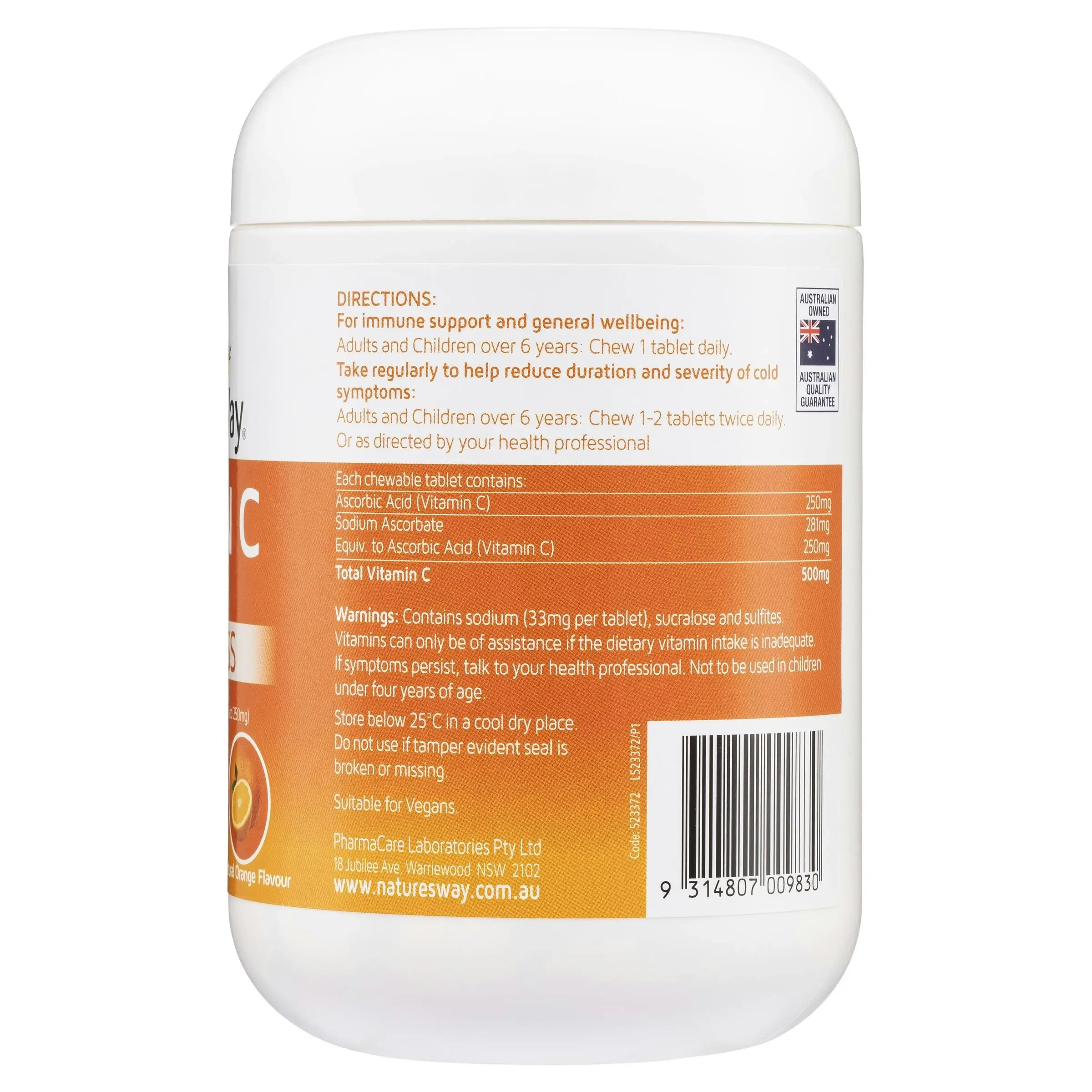 Nature's Way Sugarless Vitamin C 500mg Tablets 500 Chewable Tablets