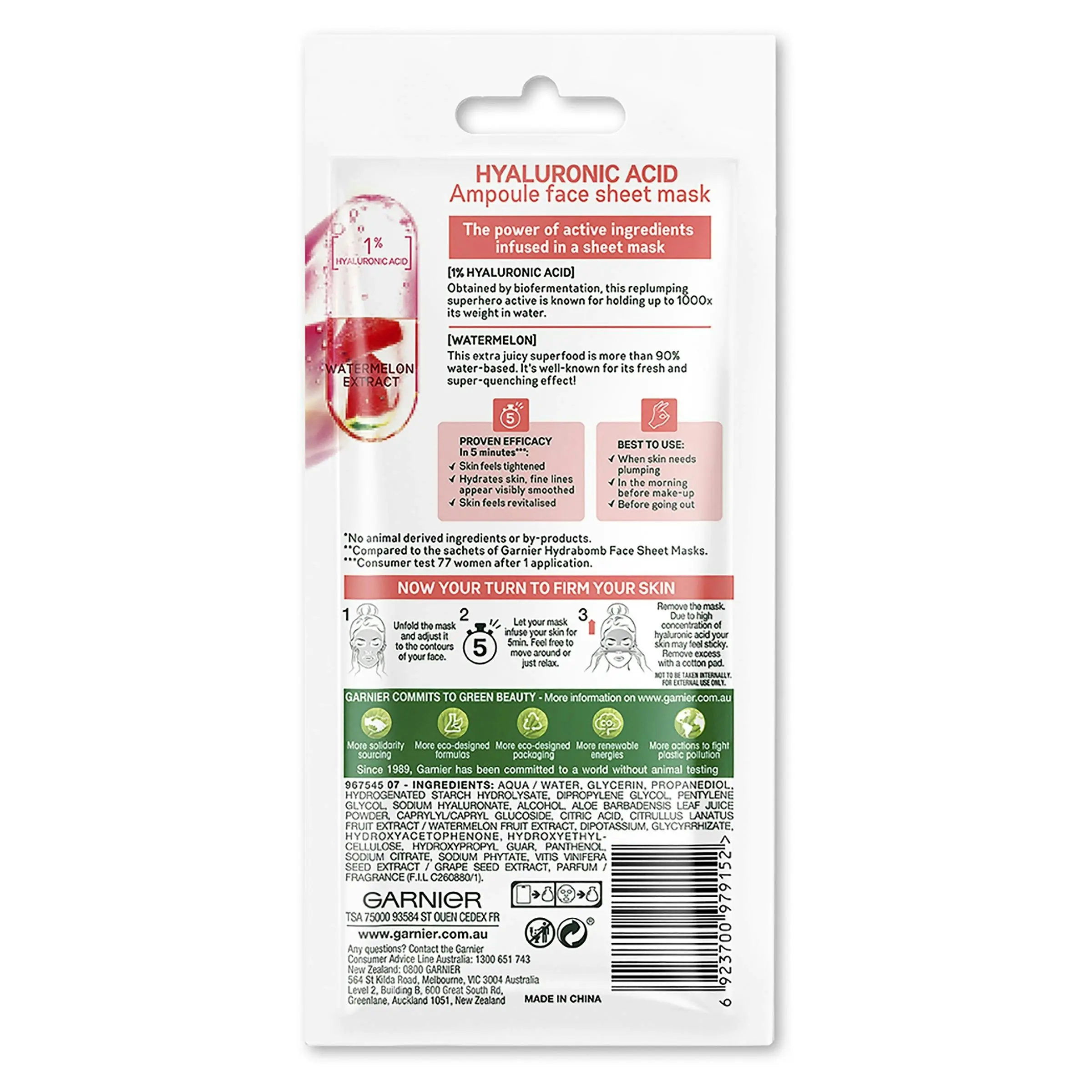 Garnier Skin Active Tissue Mask Firming Hyaluronic Acid With Watermelon Extract 15g