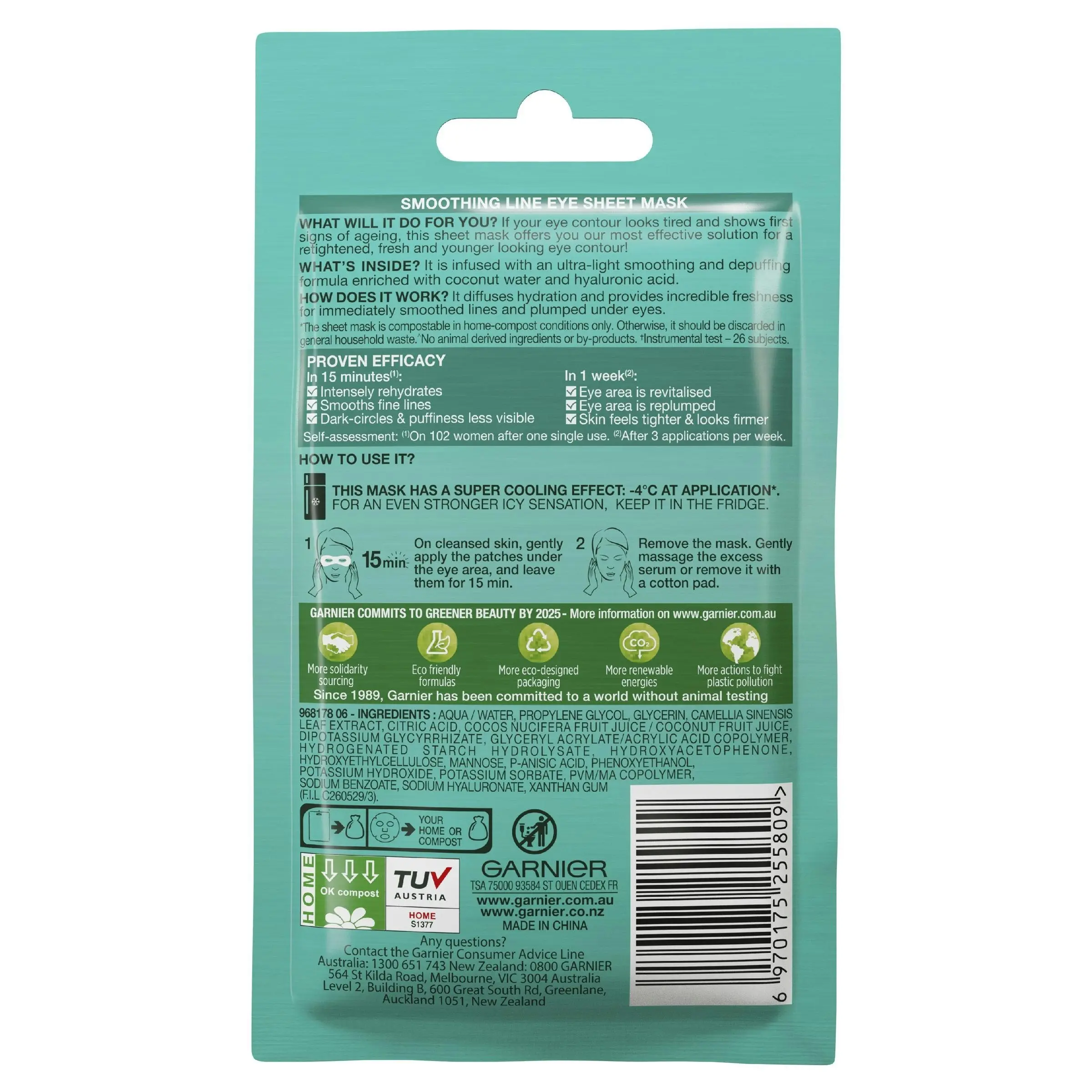 Garnier Hydra Bomb Hyaluronic Acid + Coconut Water Eye Sheet Mask 6g