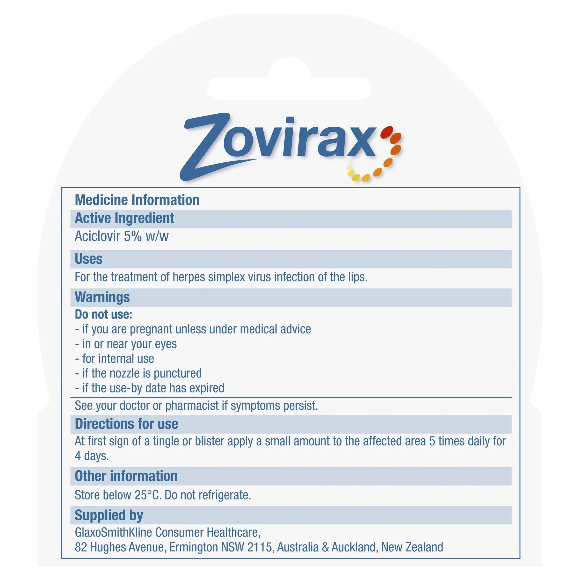 Zovirax Cold Sore Treatment Cream Tube 2g