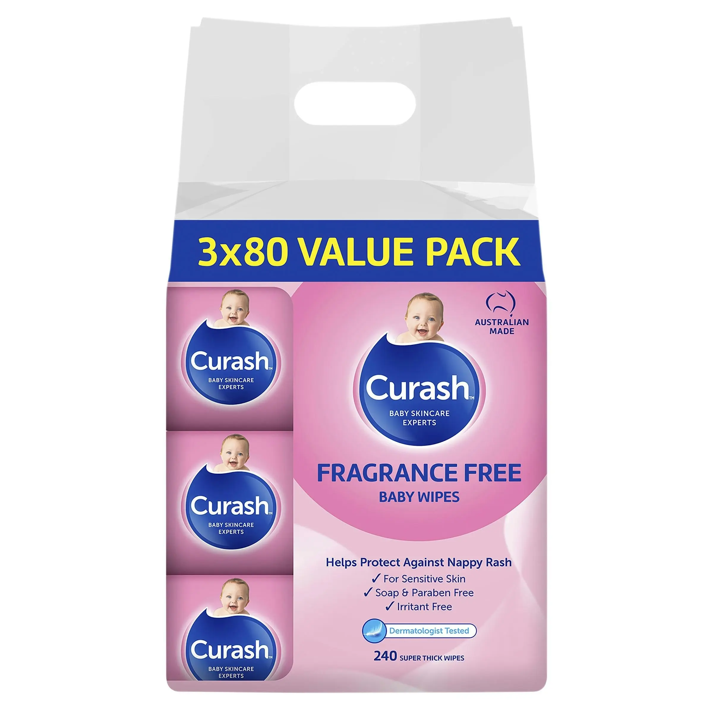 Curash Wipes Fragrance Free 3X80 Pack