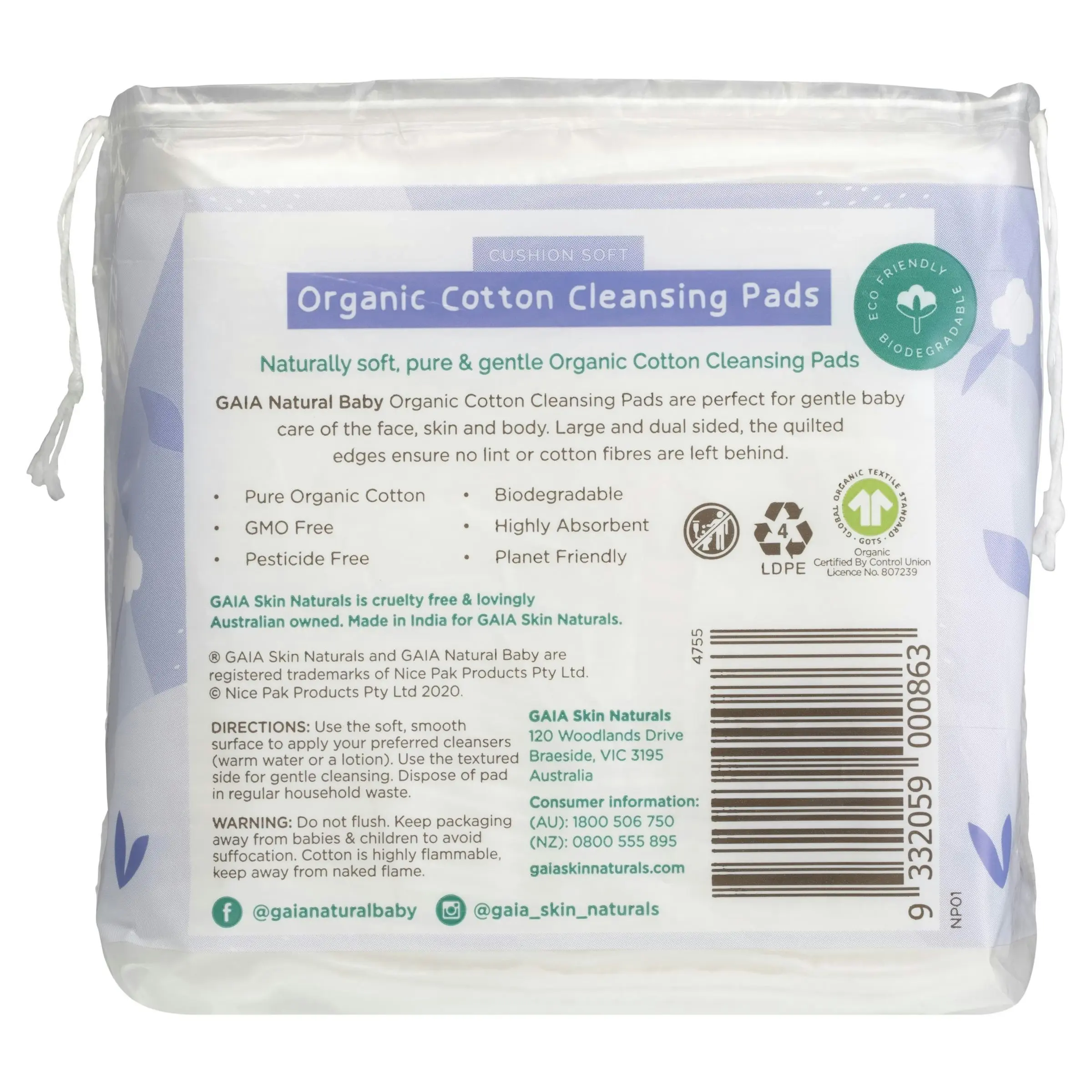 Gaia Natural Baby Organic Cotton Cleansing Pads 40Pack