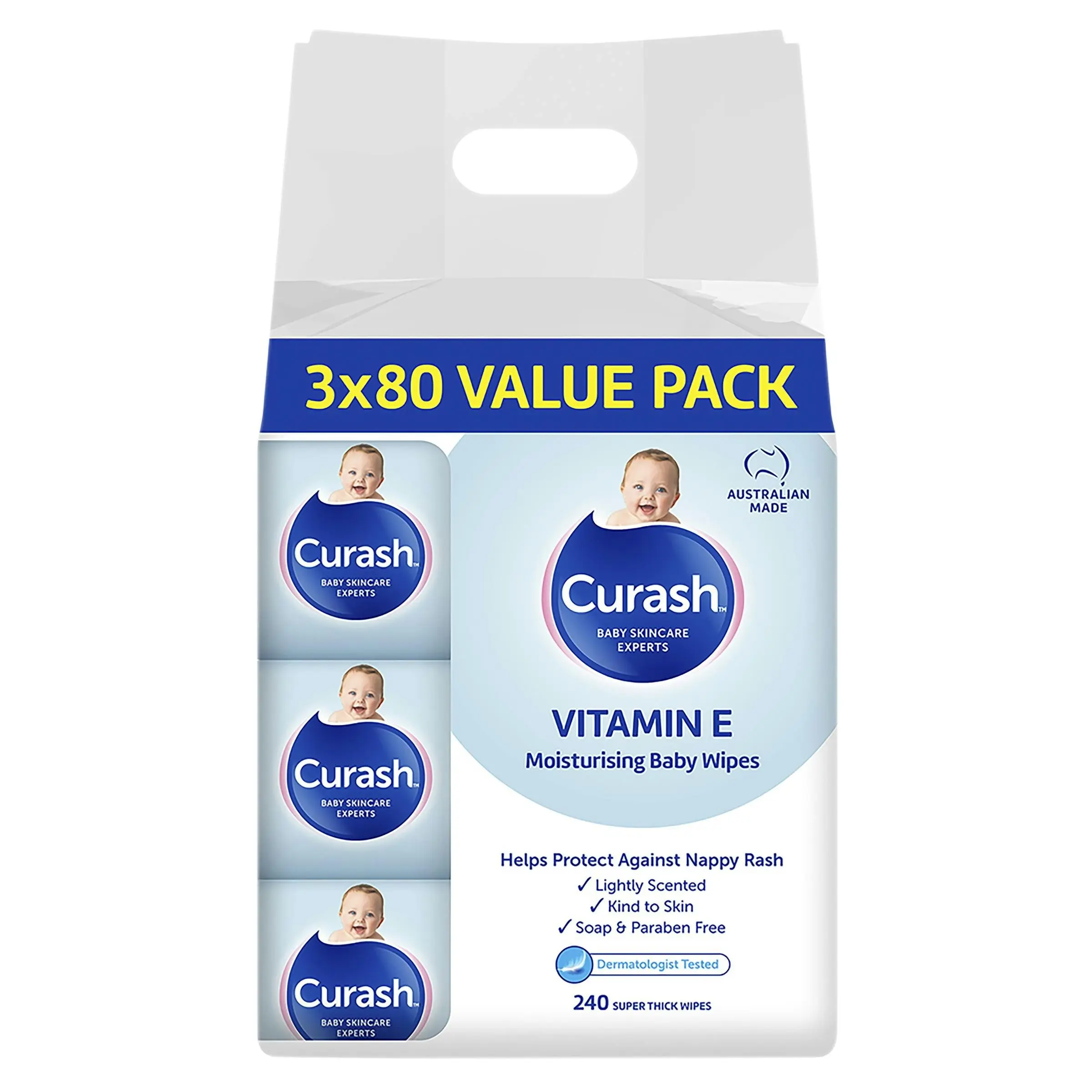 Curash Babycare Vitamin E Baby Wipes 3 x 80 Pack