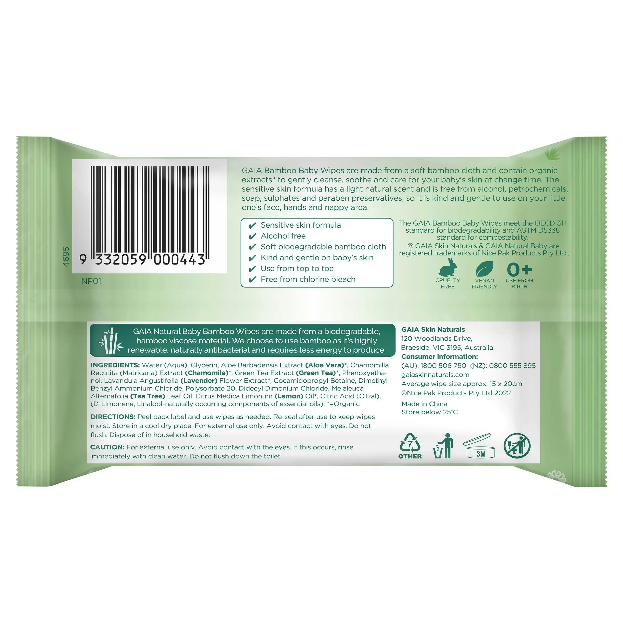 Gaia Natural Baby Bamboo Wipes 20 Pack