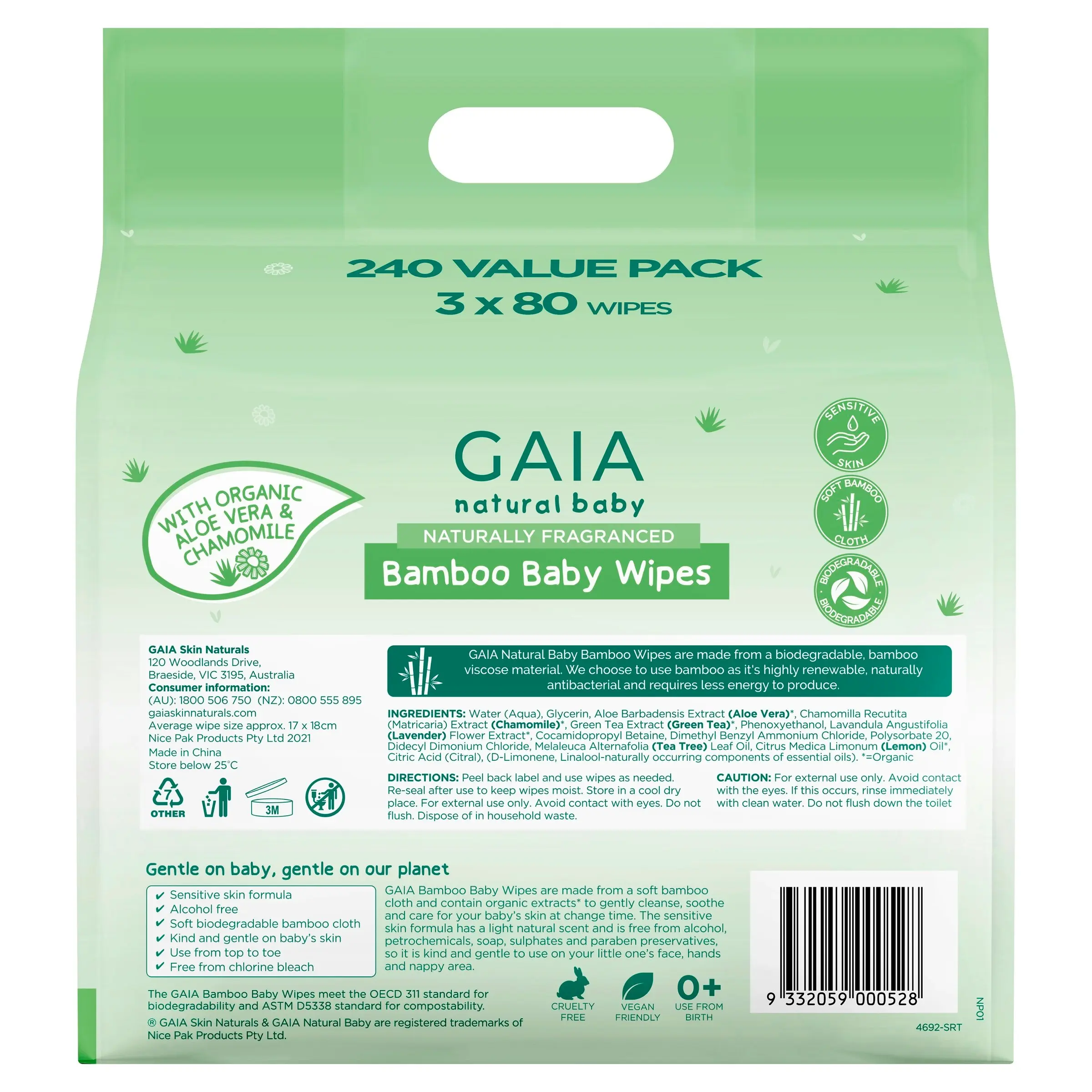 Gaia Natural Baby Bamboo Wipes 240 Pack